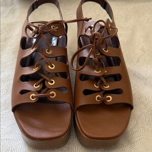 STAUD Tan Leather Lace-Up Sandals